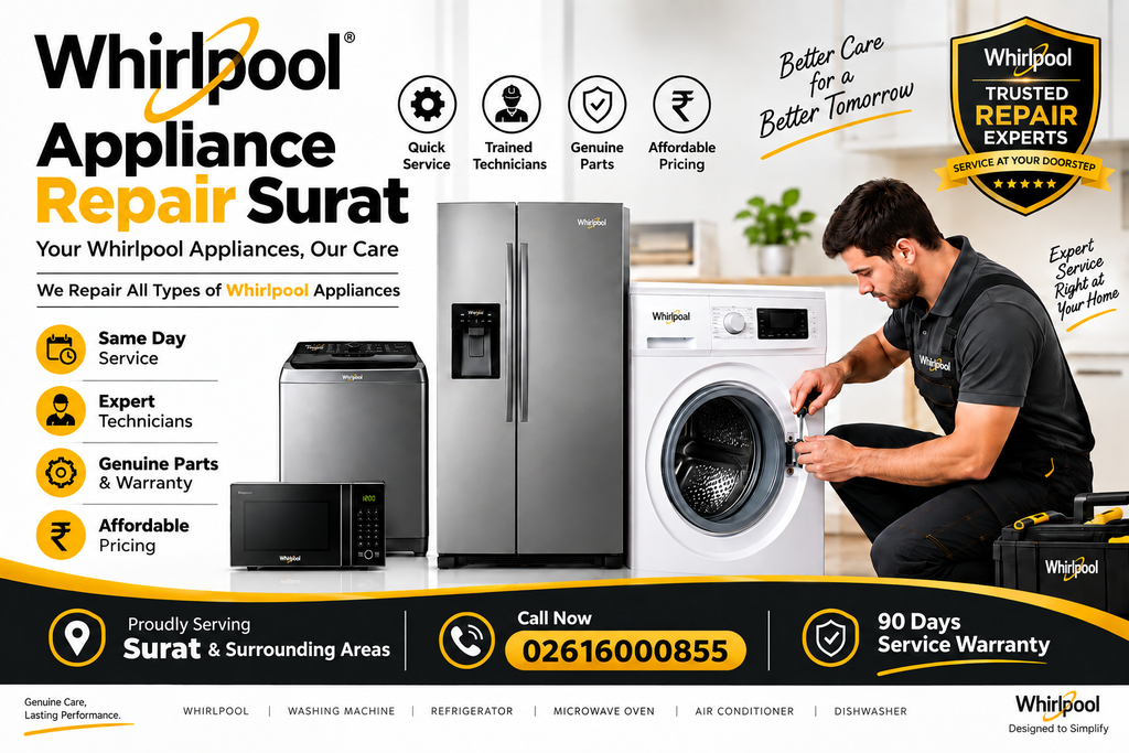 We Provide Professional And Reliable Whirlpool Appliance Repair Services Across Surat. Our Trained Technicians Are Experienced In Handling A Wide Range Of Whirlpool Home Appliances, Including Washing Machines, Refrigerators, Air Conditioners, Microwave Ovens, Dishwashers, Deep Freezers, And Other Whirlpool Home Appliances. We Provide Repair And Service Solutions For Front-Load, Top-Load, Fully Automatic, Semi-Automatic, And Inverter Washing Machines, Along With Professional Diagnosis And Repair For Various Appliance-Related Problems.