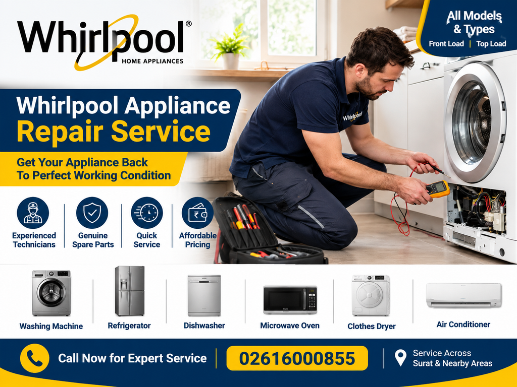 We Provide Professional And Reliable Whirlpool Appliance Repair Services Across Surat. Our Trained Technicians Are Experienced In Handling A Wide Range Of Whirlpool Home Appliances, Including Washing Machines, Refrigerators, Air Conditioners, Microwave Ovens, Dishwashers, Deep Freezers, And Other Whirlpool Home Appliances. We Provide Repair And Service Solutions For Front-Load, Top-Load, Fully Automatic, Semi-Automatic, And Inverter Washing Machines, Along With Professional Diagnosis And Repair For Various Appliance-Related Problems.